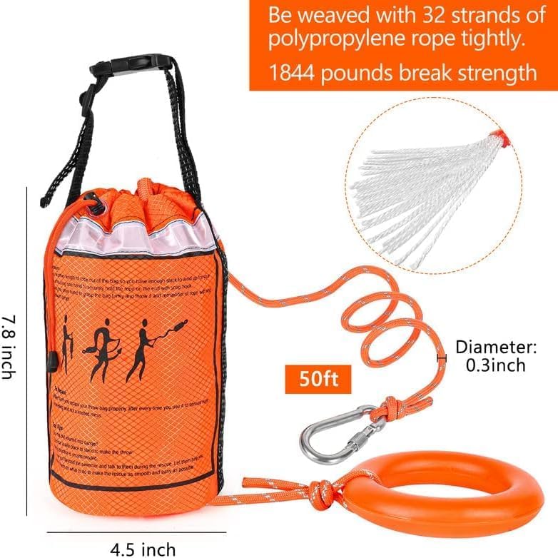 NTR Water Rescue Throw Bag with 50/70/98 Feet of Rope in 3/10 Inch Tensile Strength Rated to 1844lbs, Throwable Device for Kayaking and Rafting, Safety Equipment for Raft and Boat