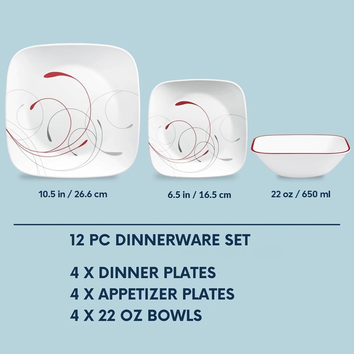Corelle Square Splendor 12-piece Dinnerware Set with Appetizer Plates, Service for 4