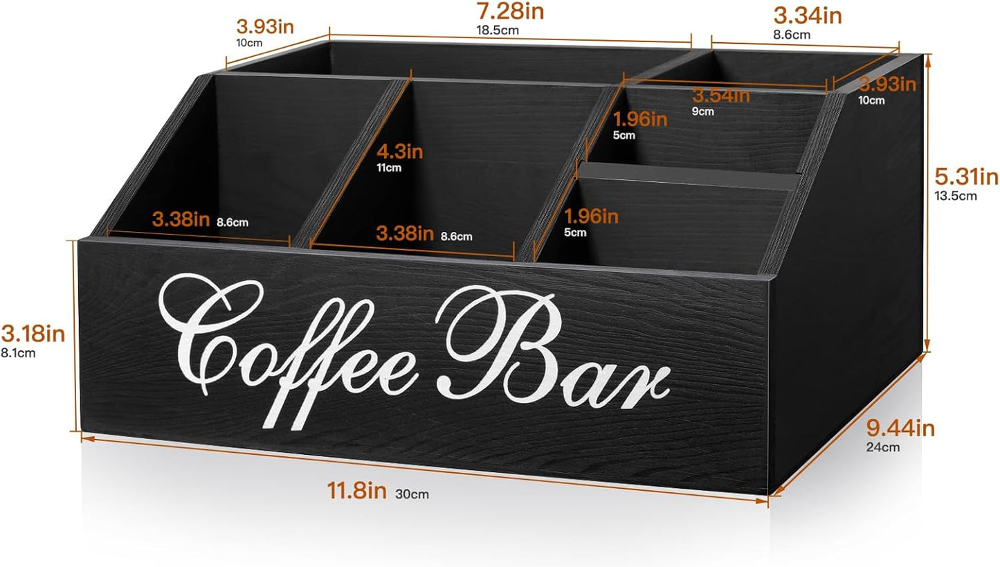 Coffee Station Organizer Pods Holder for Counter, Farmhouse Wood Coffee Bar Accessories and Tea Condiment Basket Storage Organizer Decor