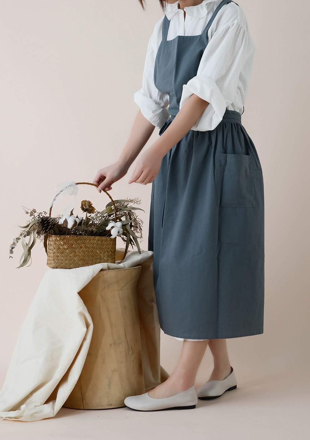 Cotton Pleated Apron Retro Waterdrop Proof Garden Cleaning Pinafore Dress