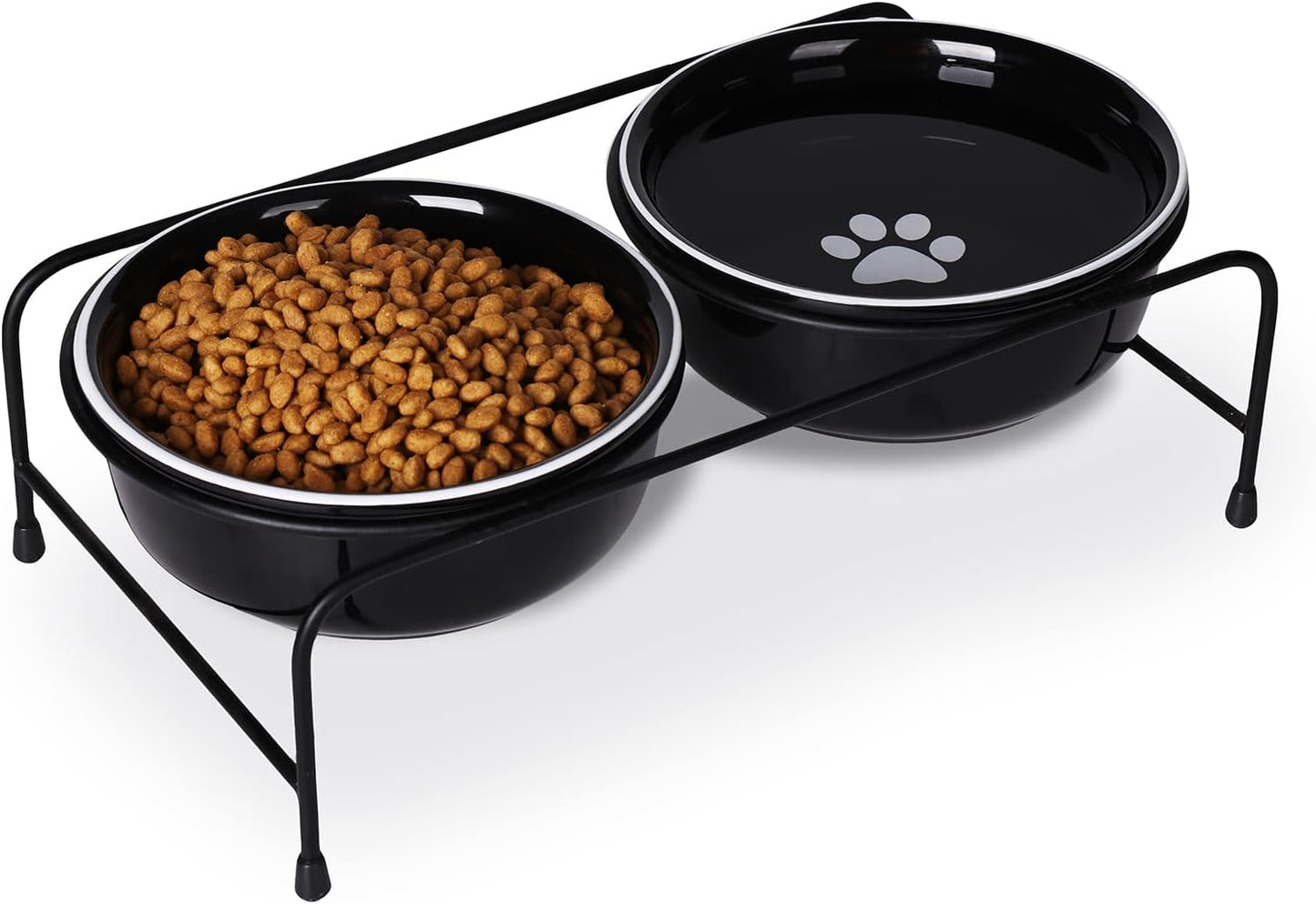 GDCZ Porcelain Raised Cat Bowls with Heighten Metal Stand and Non Slip Bottom 15 Ounces (Black)