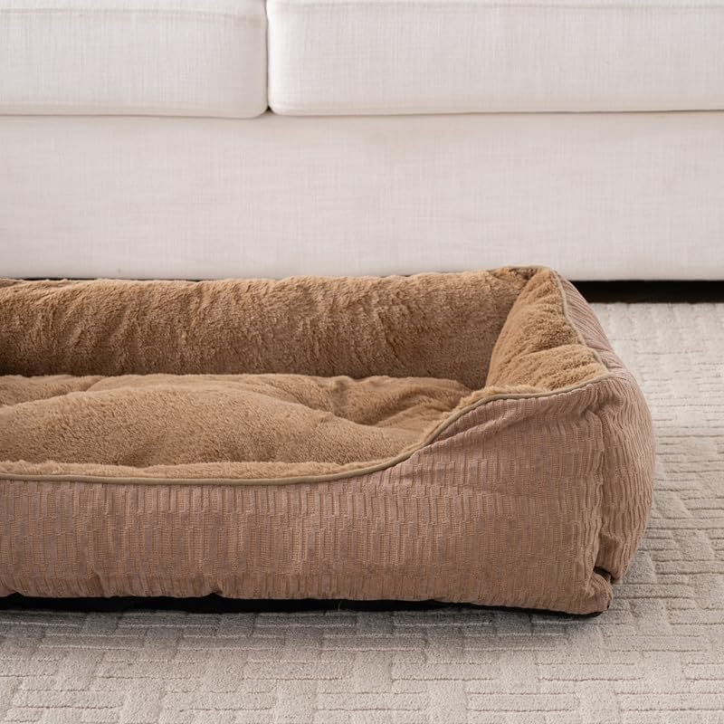 Happy Pets Luxury Orthopedic Pet Bed, F-Corduroy Foam, Brown or Light Gray Square Nest Bolster Design, Machine Washable Cover, for All Breeds (30" x 24" x 9", Brown Corduroy Square Nest)