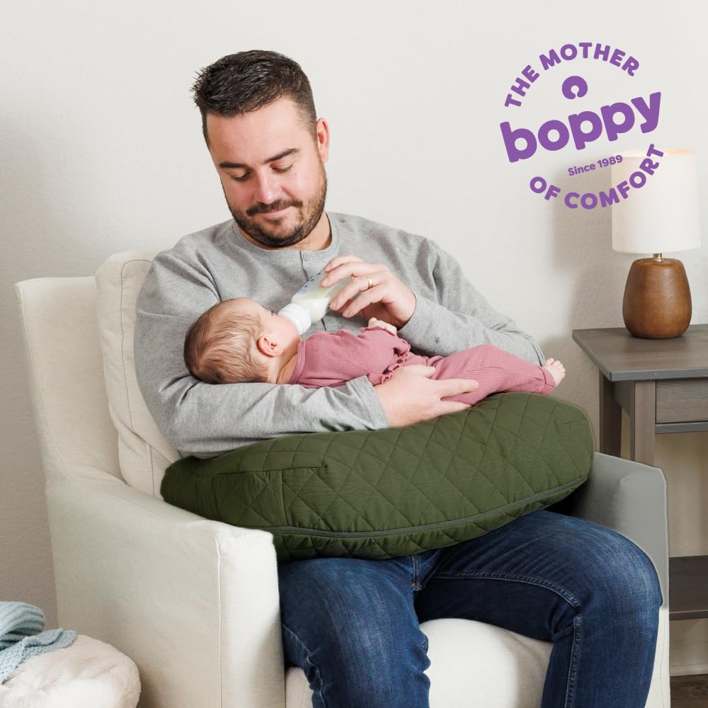 Boppy Nursing Pillow - Ergonomic Bottle & Breastfeeding Pillow with High, Firm, Large Area, Water-Repellent Cushion with Washable Cover; Baby Safety Alliance Verified - Quilted Moss