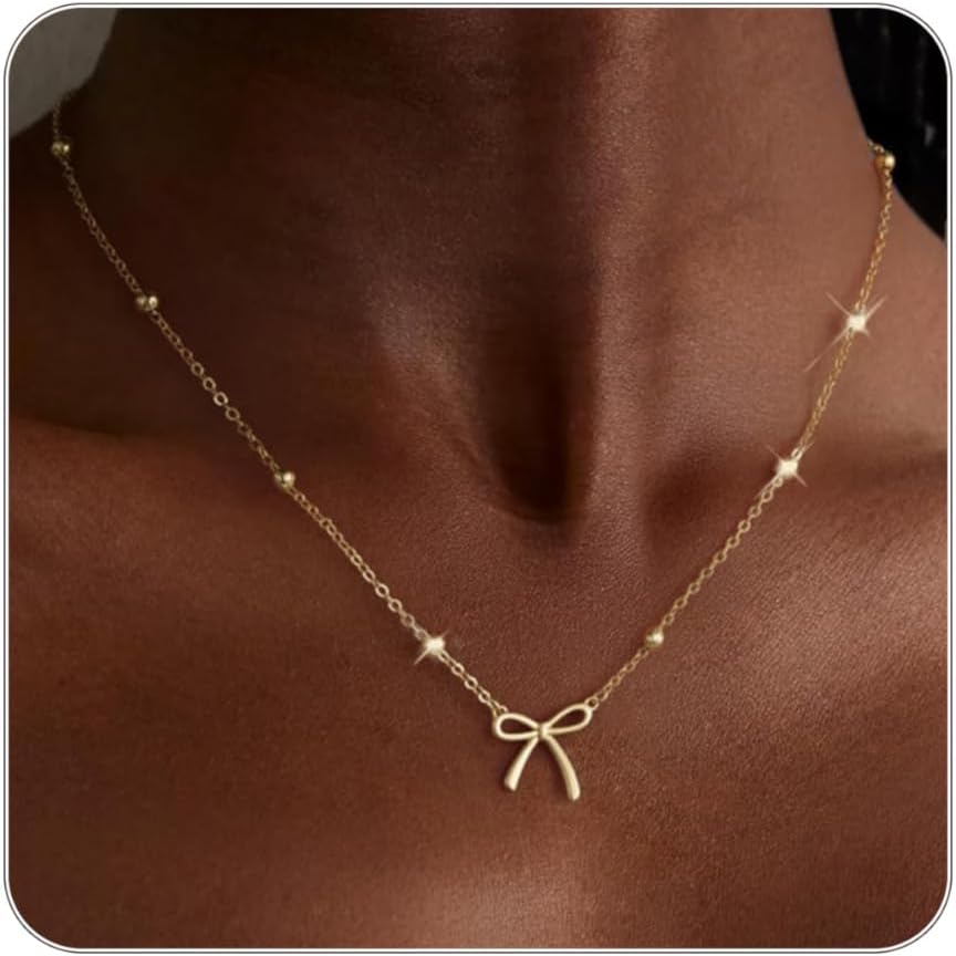 Easter Basket Stuffers - Dainty Bow Necklace for Women 14K Gold Plated Cute Choker Small Pendant Charm Necklaces Teen Gift Trendy Stuff Personalized Jewelry