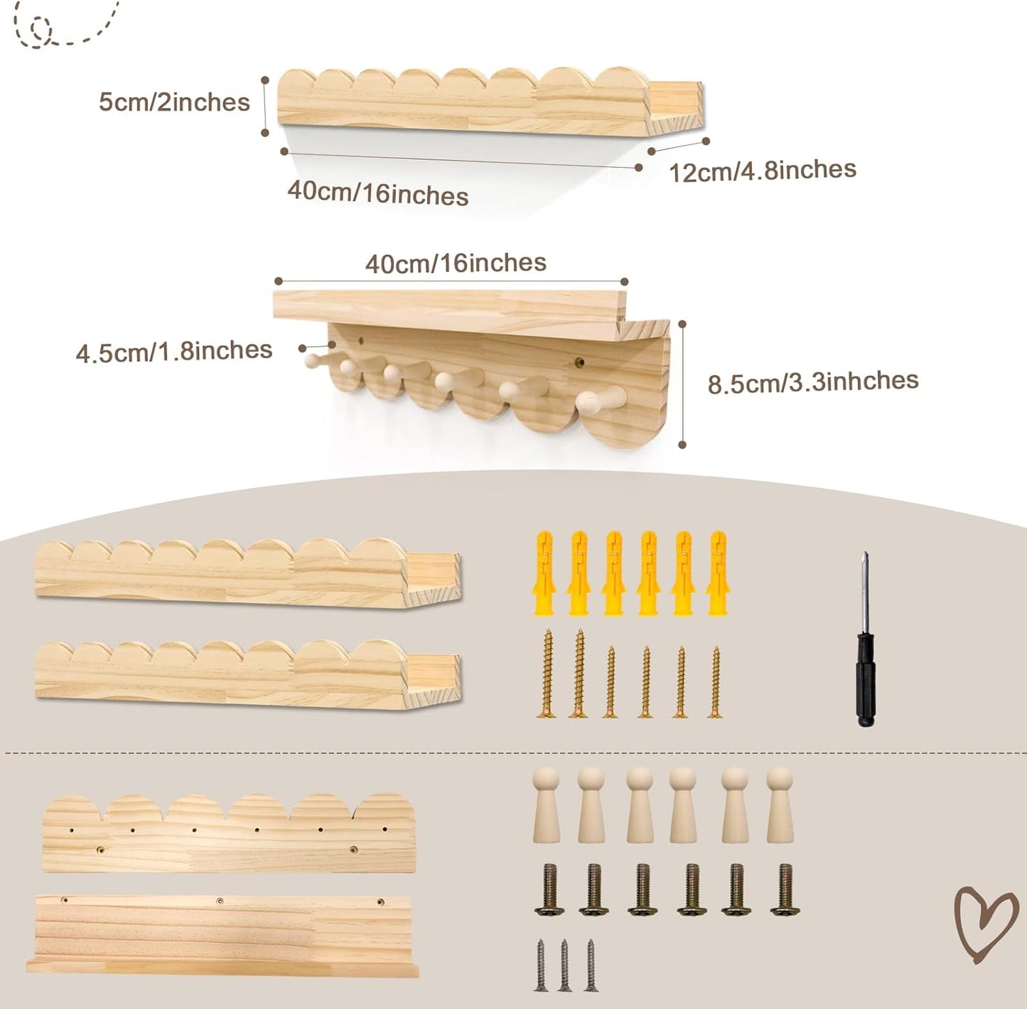 Nursery Shelves for Wall with Hooks-Scalloped Wall Book Shelves for Bedroom Kids Set of 3, Nursery Furniture Must Have, 16 Inch, Natural