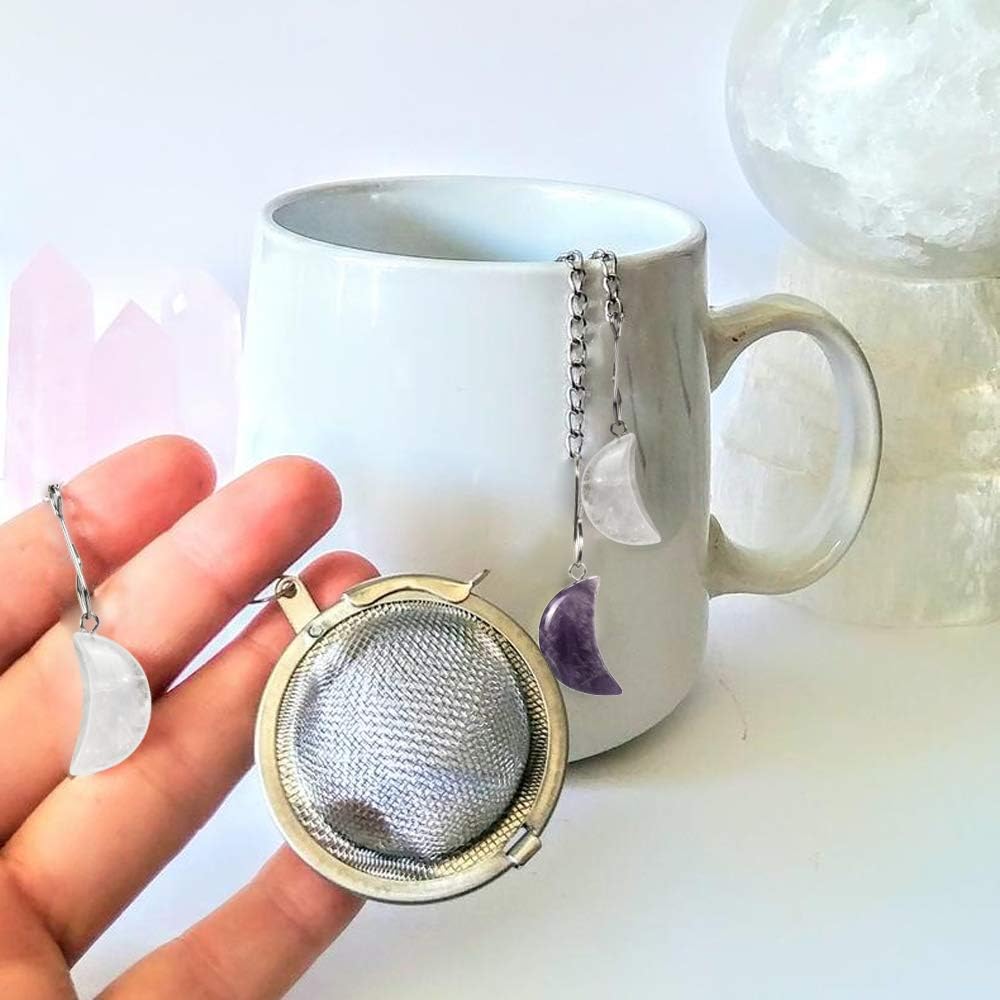 2pcs Tea Strainers, Scdom Stainless Steel Ball Mesh Tea Infusers, Amethyst & White Crystal Moon Pendant Tea Ball Tea Filter with Extended Chain Hook for Brew Fine Loose Tea and Spices & Seasonings