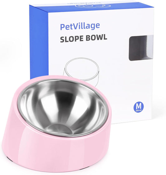 Tilted Dog Bowl Non-Slip & Non-Spill Pet Feeder with Elevated Detachable Melamine Stand, Easy to Get Food Dog Dish, M/180ml Pink