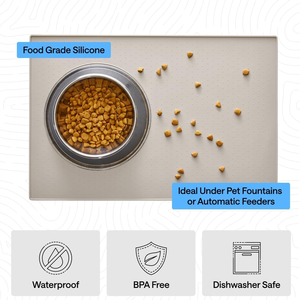 GORILLA GRIP 100% Waterproof Raised Edge BPA Free Silicone Pet Feeding Mat, Dog Cat Food Mats Contain Spills Protects Floors, Placemats for Cats and Dogs Water Bowl, Pets Accessories 16x10, Beige