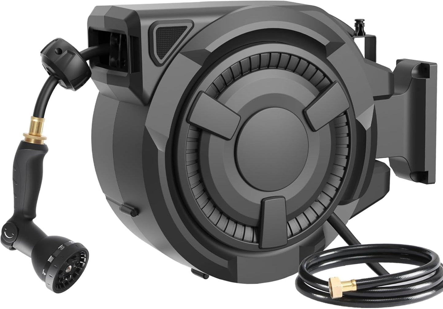 wikiwiki Retractable Garden Hose Reel 1/2 in x 130 ft, Heavy Duty Wall Mounted Hose Reel with 10- Function Sprayer Nozzle, Automatic Slow Return System/180°Swivel Bracket/UV Resistant (Black)