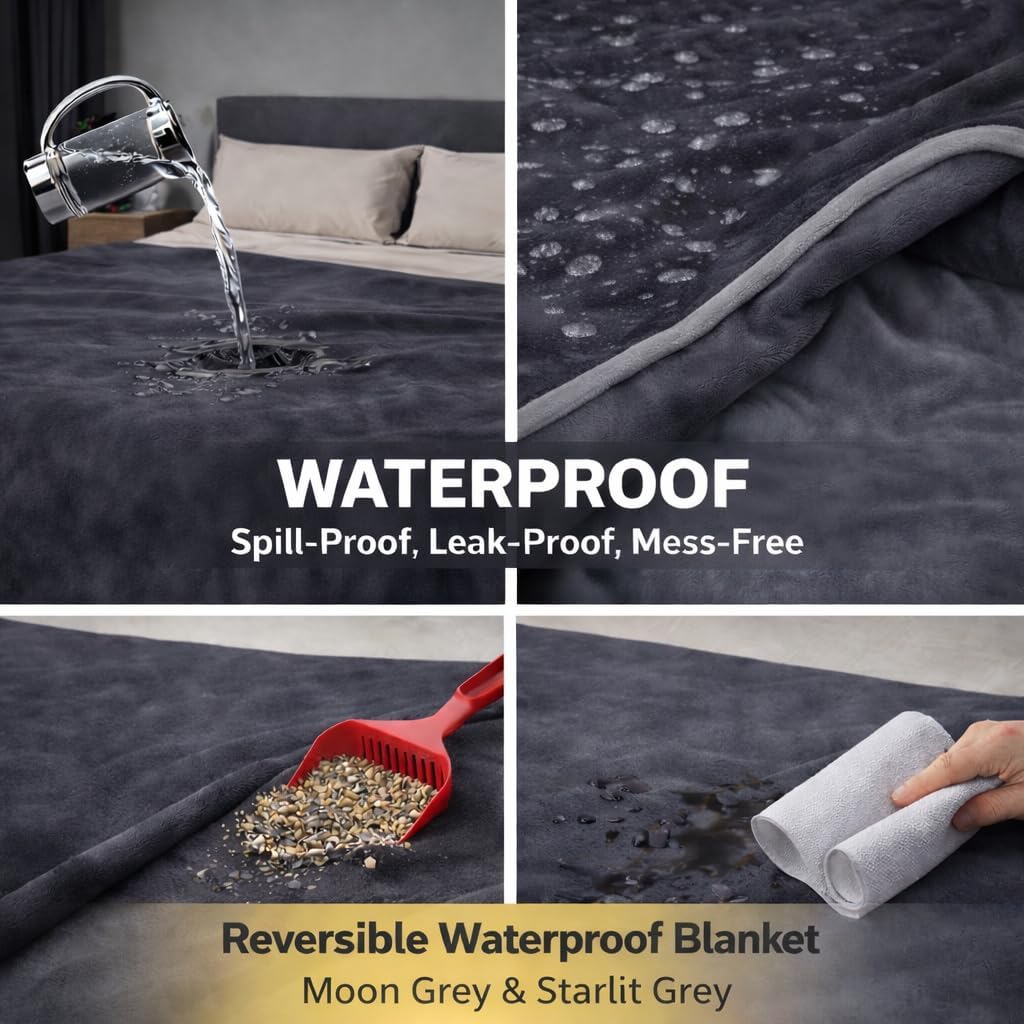 Waterproof Throw Blanket – Leakproof, Spill-Proof Flannel Blanket for Bed, Couch, Kids & Pets Protection, Reversible Water-Proof Design (Moon Grey & Starlit Grey, 40x60”)