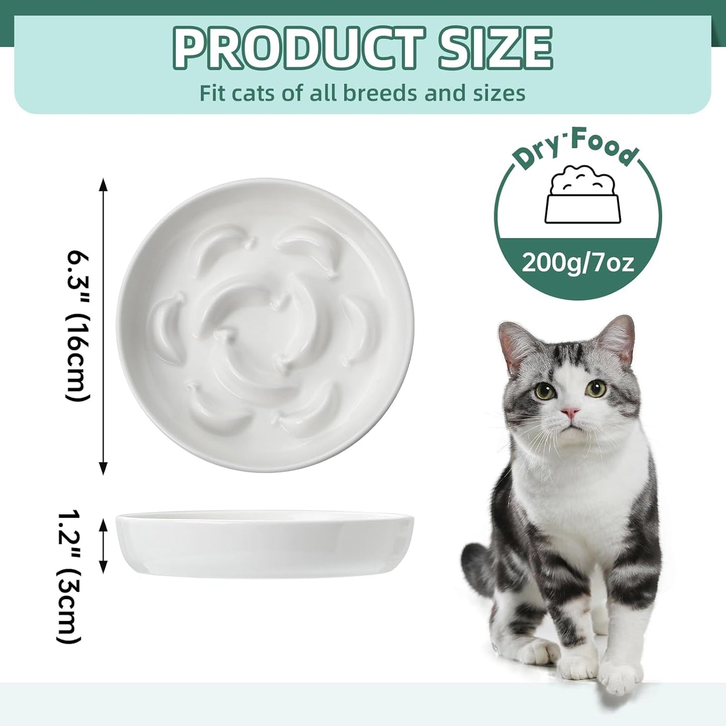 Cat Slow Feeder Bowl Set - 2-Pack Ceramic Cat Dishes for Slow Eating - Whisker-Friendly Cute Maze Bowls for Dry & Wet Food - Microwave & Dishwasher Safe - White and Green