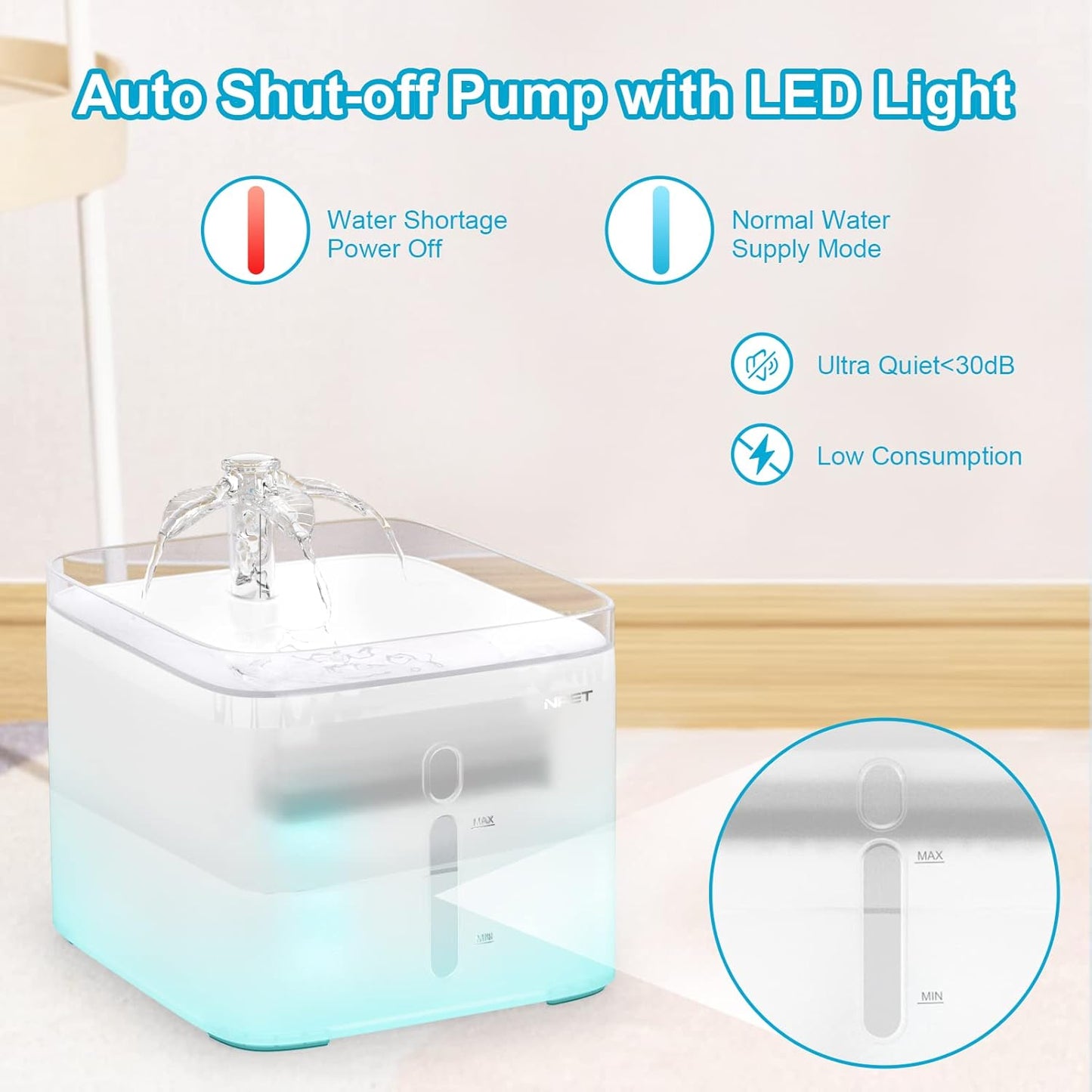NPET Cat Water Fountain, 3L Automatic Pet Drinking Fountain Dog Water Dispenser with Quadruple-Action Filter (Semi-White, with an Adapter)