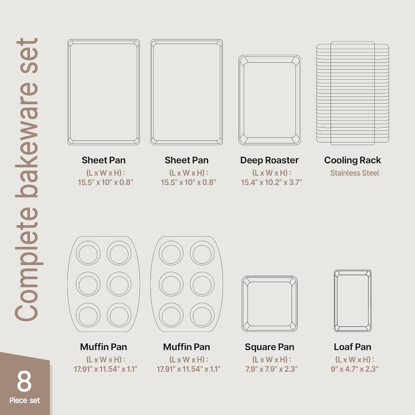 Bakken 8-Piece Ceramic Coated Bakeware Sets, Nonstick Aluminized Steel Pans with Muffin, Loaf, Cake, Roasting Pan, & Cooling Rack, Oven Safe Up To 500°F, Dishwasher Safe, BPA, PTFE & PFAS Free, Black