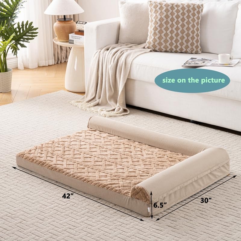 Orthopedic Dog Bed, L-Shaped Brown Plush Sofa with Bolster, Memory Foam Pet Bed, Machine Washable Cover, for Small Dog Sizes 35" L x 25" W x 6.5" H