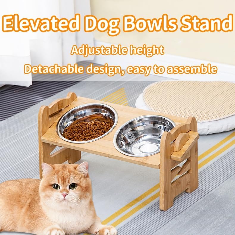 Elevated Dog Bowls, Adjustable Raised Tilted Food Water Bowl, Slanted Bamboo Pet Feeding Station with Stainless Steel Bowl for Small & Medium Dogs, Cat Kitten Flat Faced Puppy Feeder