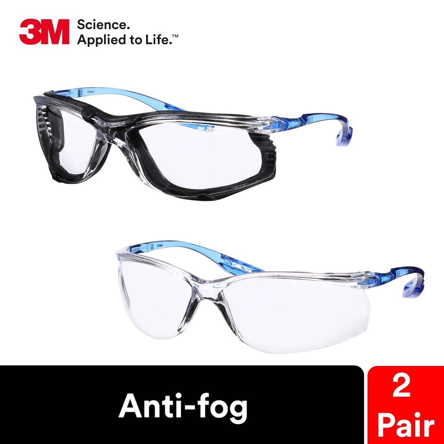 3M Safety Glasses, Virtua CCS and Virtua Sport CCS 2-Pack, Anti-Fog, Clear Lens, ANSI Z87, Corded Ear Plug Control System, Removable Foam Gasket