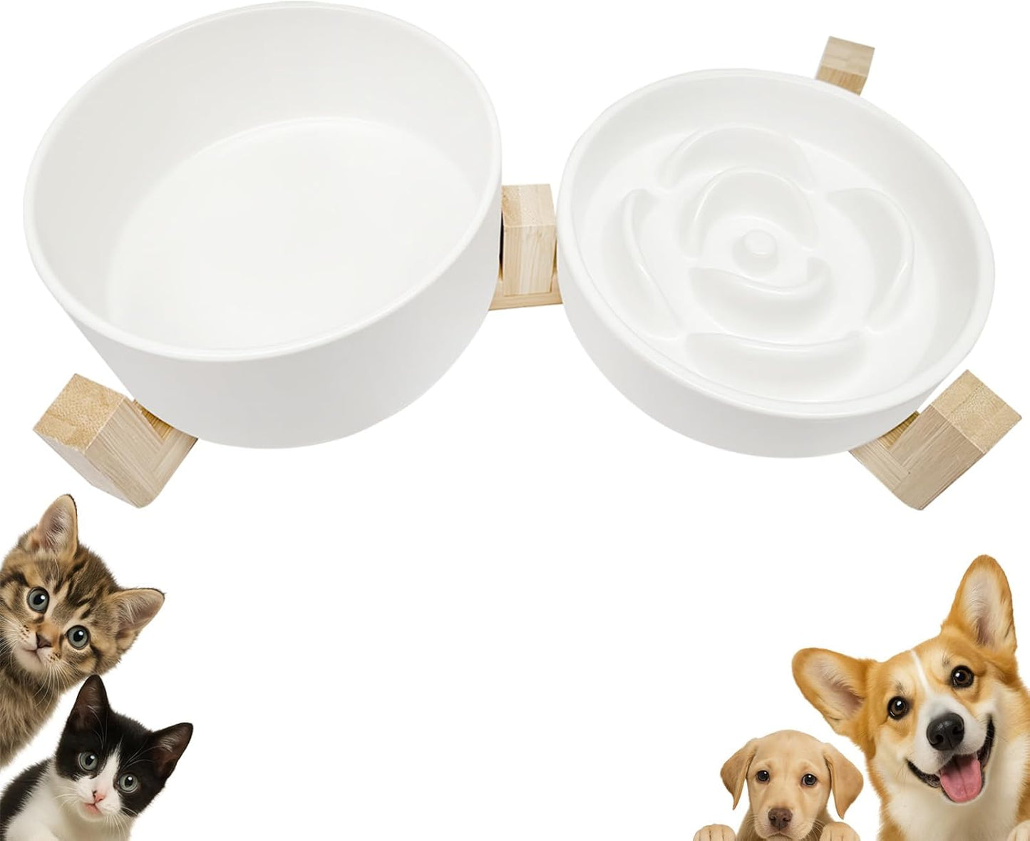 Ceramic Slow Feeder Dog Bowl Set-1 Cup Puzzle Dog Food Bowl & 850ML Water bowl with wooden stand for small dogs, Anti-Gulping,Anti-chewing,Anti-Slip,White