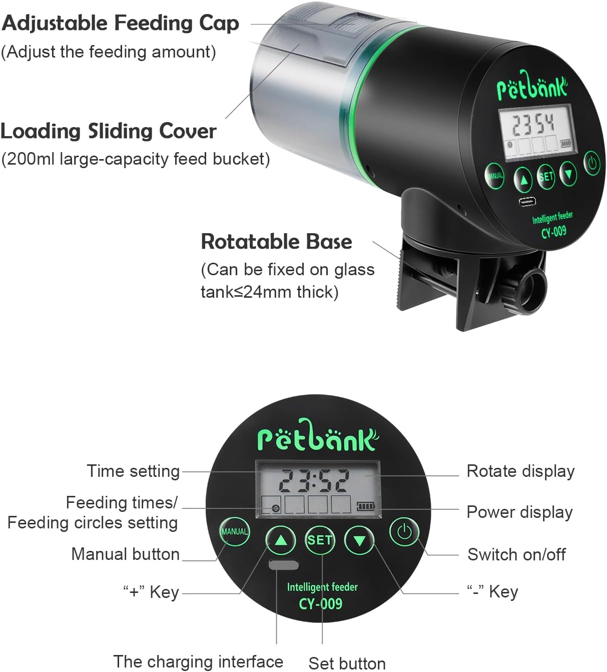 Automatic Fish Feeder for Aquarium - Rechargeable Fish Food Auto Dispenser Vacation Turtle Feeder with USB Charger Cable，LCD Screen, Customized Schedule，Black