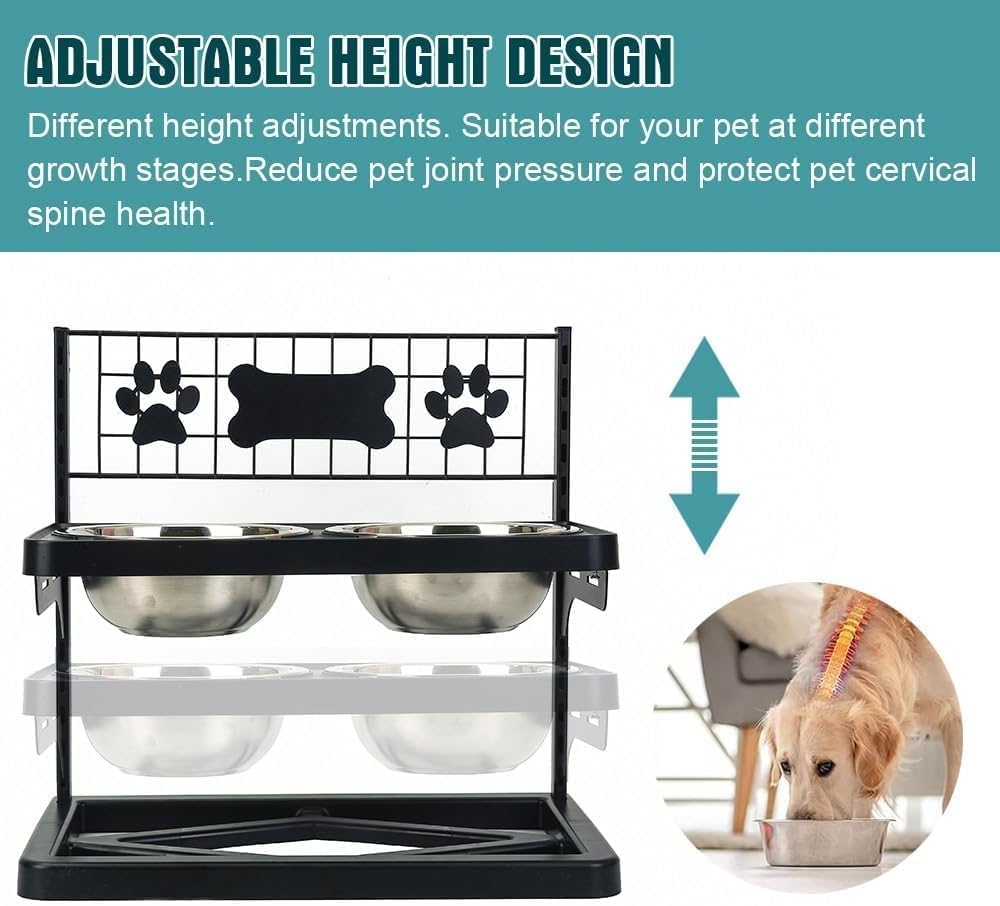Elevated Dog Bowls Raised Pet Feeder Adjustable Dog Bowl Stand with Stainless Steel Bowls and ABS Frame, Double Dog Feeding Station with Paw Print Bone Decor for Medium Large Dogs