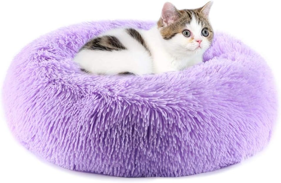 Purrfect Cat Beds - Washable 20 inches, Anti-Anxiety Round Plush Faux Fur, Thick Bottom (Purple, Medium) - Suitable for Indoor Cats & Small/Medium Dogs