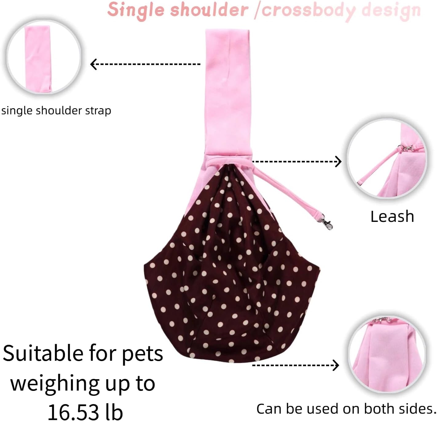 Pet Sling Carrier, Reversible Pink and Polka Dot Design, Single Shoulder Crossbody Bag with Safety Leash, for Pets Up to 16.53 lb (Pink)