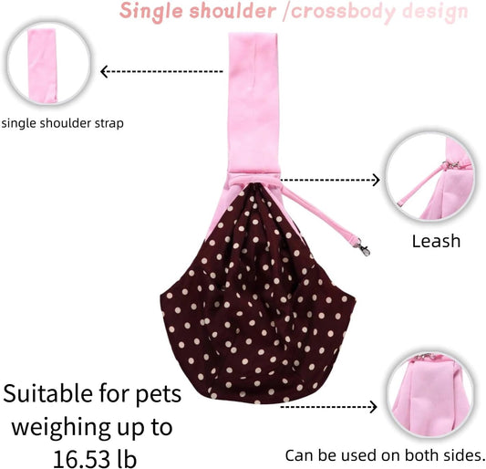 Pet Sling Carrier, Reversible Pink and Polka Dot Design, Single Shoulder Crossbody Bag with Safety Leash, for Pets Up to 16.53 lb (Pink)