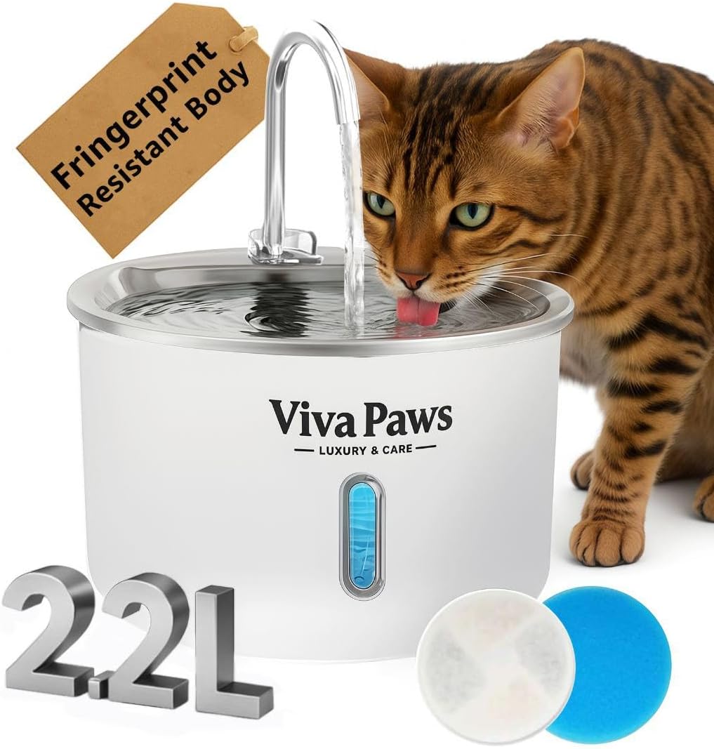 Viva Paws Cat Water Fountain Stainless Steel – Ultra-Quiet Automatic Drinking Fountain for Cats, 2.2L Indoor Pet Fountain with 4-Stage Filtration for Fresh & Clean Water