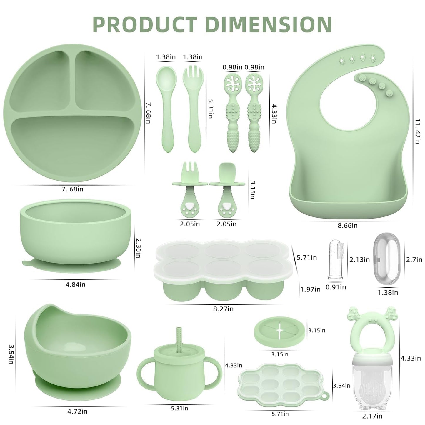 16 Pack Silicone Baby Feeding Set, BPA-Free Baby LED Weaning Supplies, Include Suction Plates, Baby Bowls, Silicone Fork & Spoon, and More, First Stage Baby Food Eating Utensils - 6+ Months(Green, 16)
