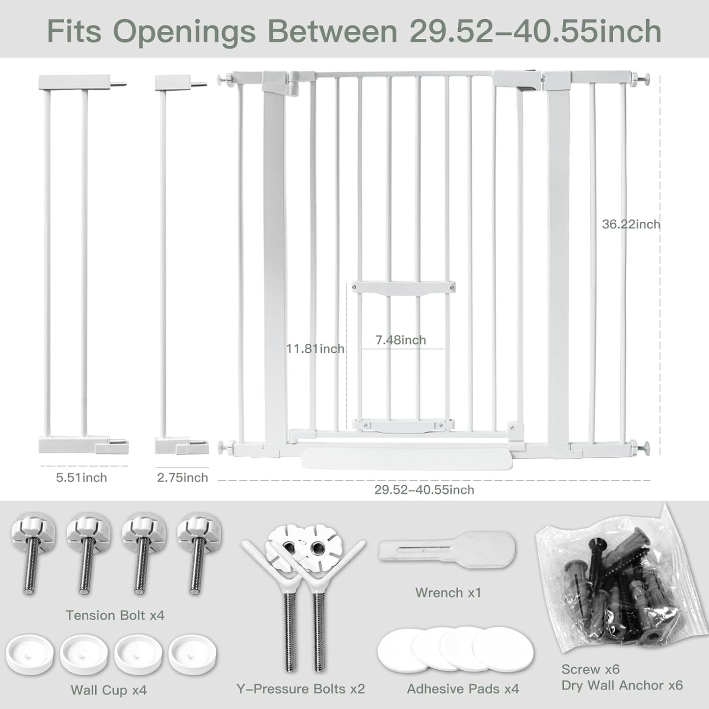 37 Inch Tall Baby Gate with Cat Door, Adjustable 29.55" and -40.55" Wide Auto Close Dog Gate Pressure Mounted Safety Pet Gate for Stairs, Doorway, House