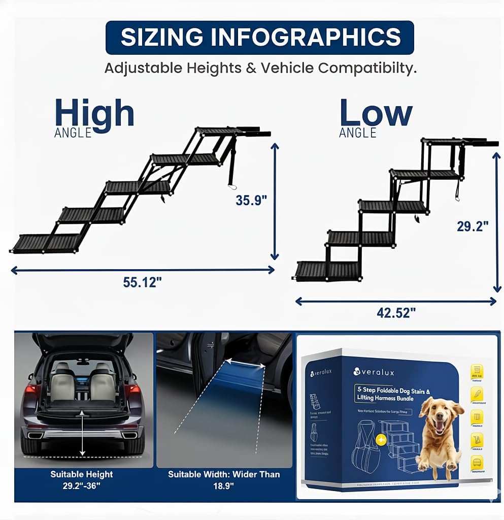 Dog Stairs for Large Dogs for Car | 5 Step Foldable Dog Stairs | 200lb Capacity | Non-Slip Rug Steps | XL Lift Harness Included | Pet Stairs for Large Dogs | Dog Steps for Truck & SUV | VERALUX