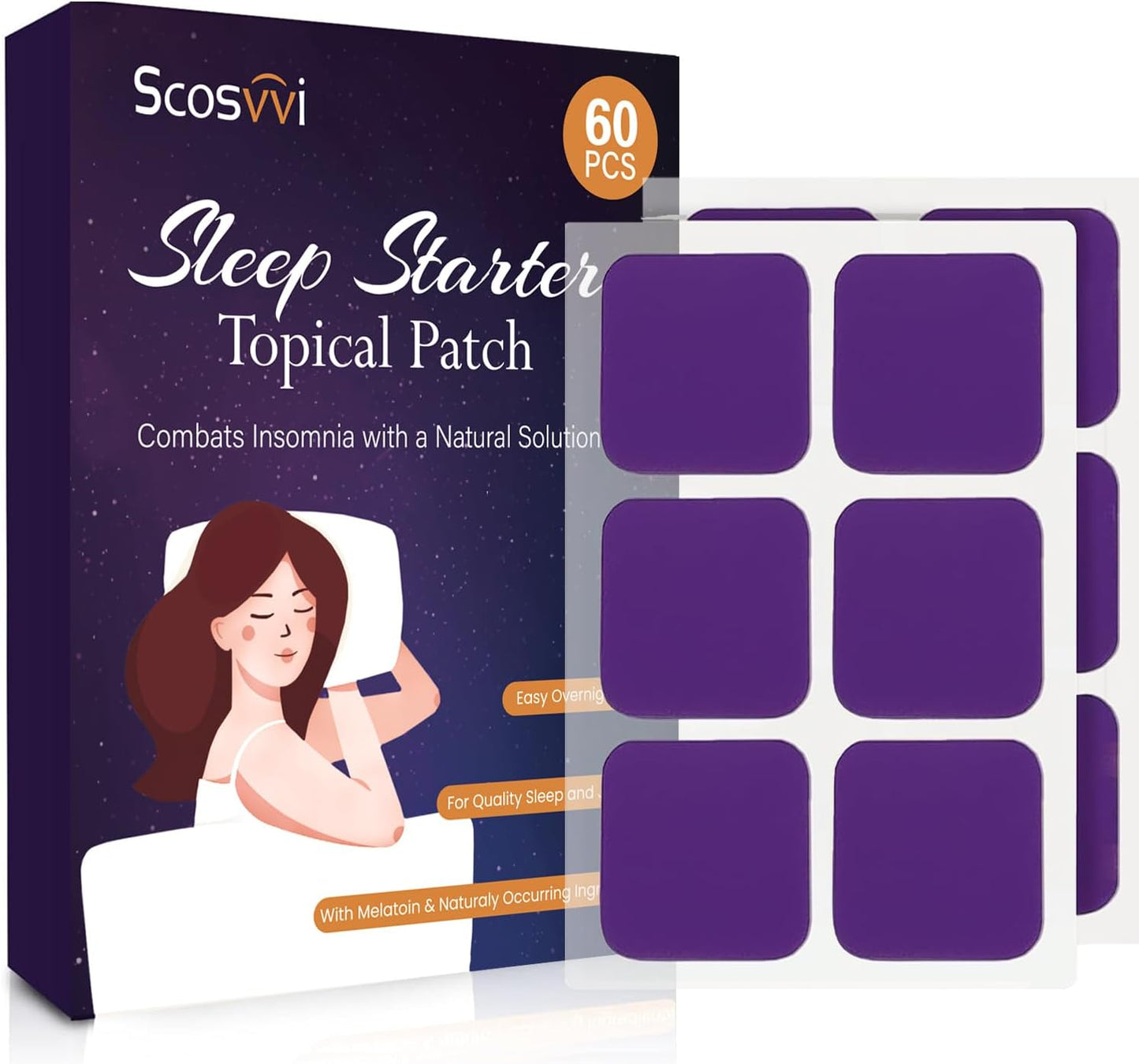 Scosvvi Sleep Patches for Adults: Extra Strength Plant-Based Sleep Aid with Lavender & Chamomile - Non-Habit Forming Nighttime Patch for Relaxation & Restful Sleep - 8-Hour Time Release - 60PCS