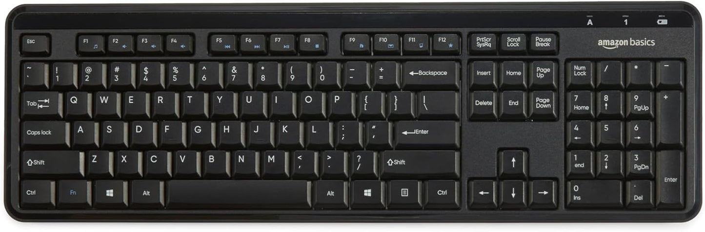 Amazon Basics 2.4GHz Wireless Keyboard and Mouse Combo Set, Quiet and Compact US Layout, Plug and Play, Unifying USB Receiver, Black
