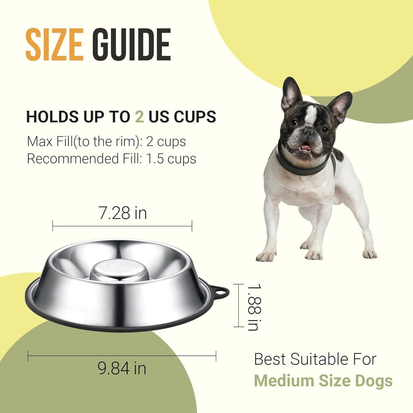 PEGGY11 Stainless Steel Slow Feeder Dog Bowl - Holds 2 Cup, for Medium Size Dogs