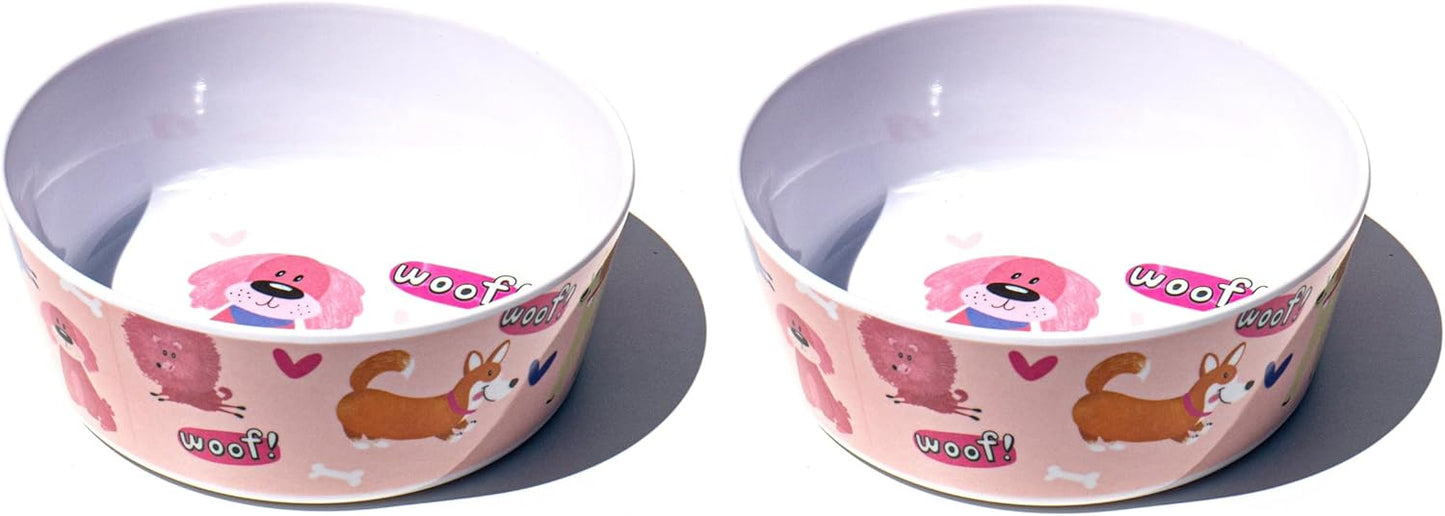 Whimsy Dogs Melamine Pet Bowl - Small - 1.5 Cups - Pink - Set of 2
