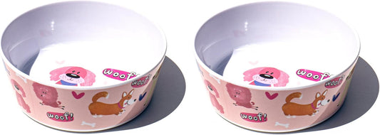 Whimsy Dogs Melamine Pet Bowl - Small - 1.5 Cups - Pink - Set of 2