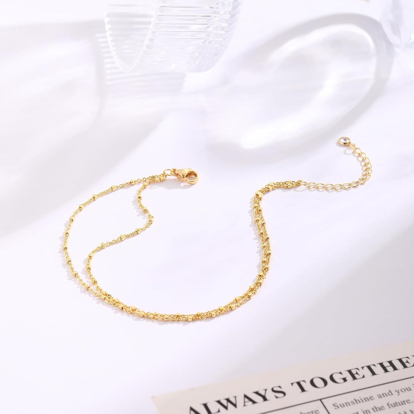 MIDEEO Gold/Silver Ankle Bracelets for Women,14K Gold Anklets for Women Waterproof Cuban Link Heart Beads Herringbone Rhinestone Anklets Set Layered Anklet Bracelets for Women Gold Jewelry Gift