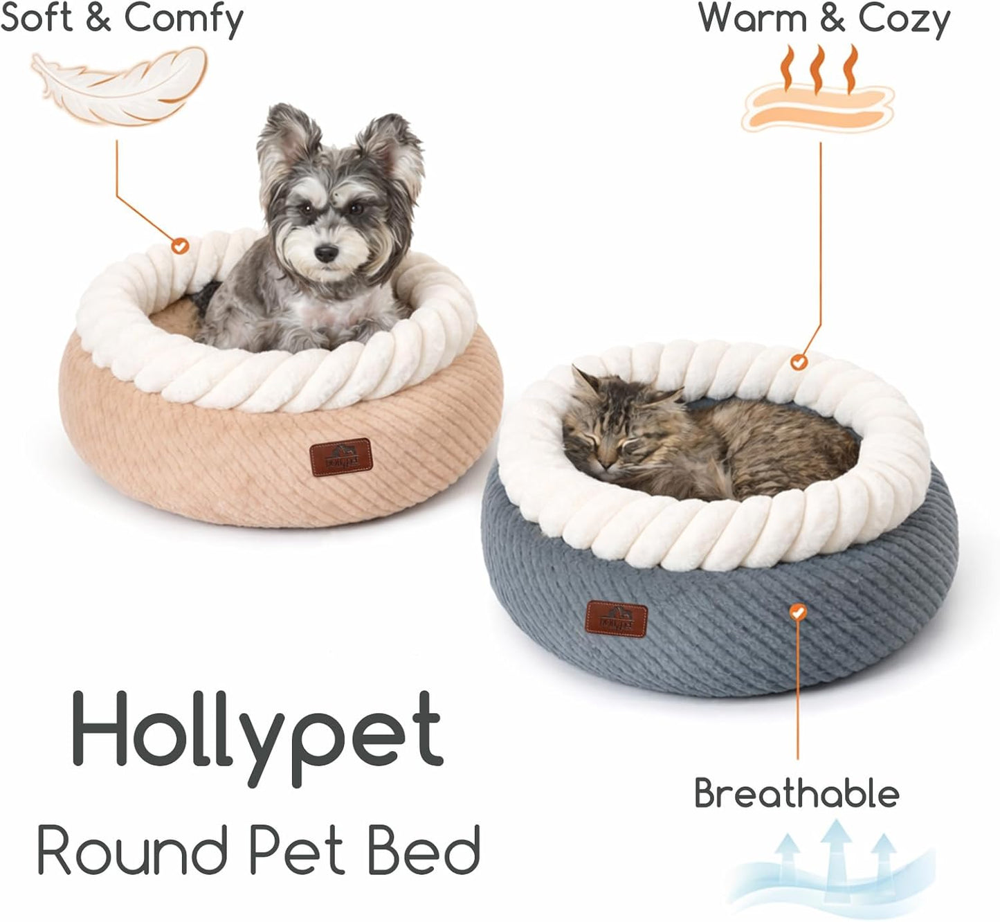 Hollypet Cat Bed for Indoor Cats Kitty Beds, Round Washable Fluffy Small Dog Bed, Soft Cozy Plush Pet Beds for Puppy and Kitten with Non-Slip Bottom (20" Diameter, Oatmeal)