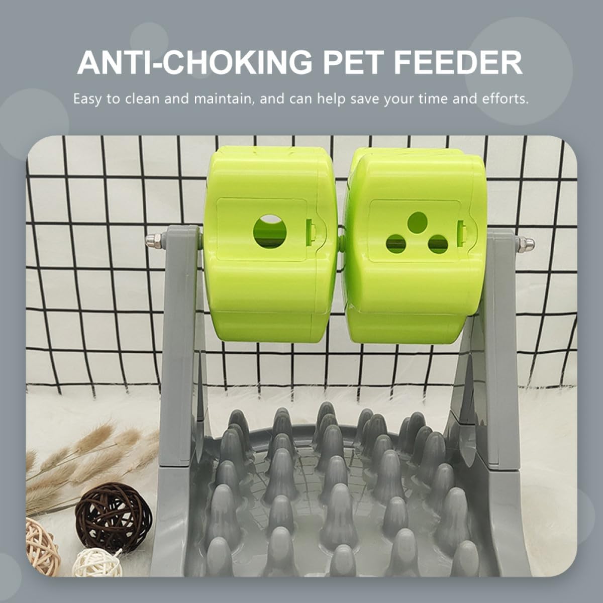 FAVOMOTO Automatic Dog Food Dispenser Slow Feeder Bowl, Anti-Choking Plastic Pet Feeding Tool with Rotating Food Puzzle, Gray and Green for Puppy Training and Interactive Feeding