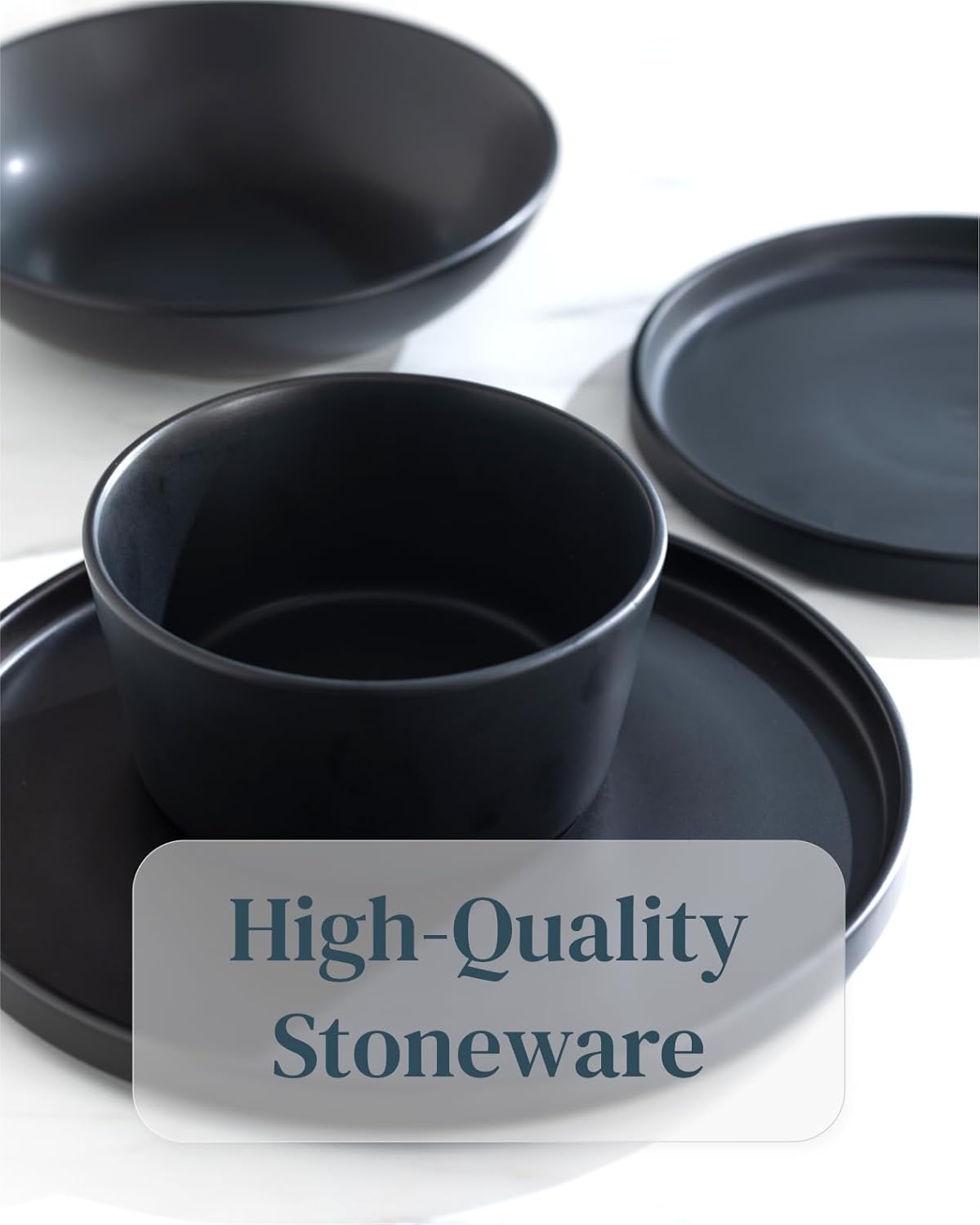 16 Piece Black Dinnerware Set for 4 | Matte Black Plates and Bowls Sets, Modern Stoneware Black Dishes Set | Scratch Resistant, Dishwasher & Microwave Safe | Matte Black Finish Ultra-Chic & Modern