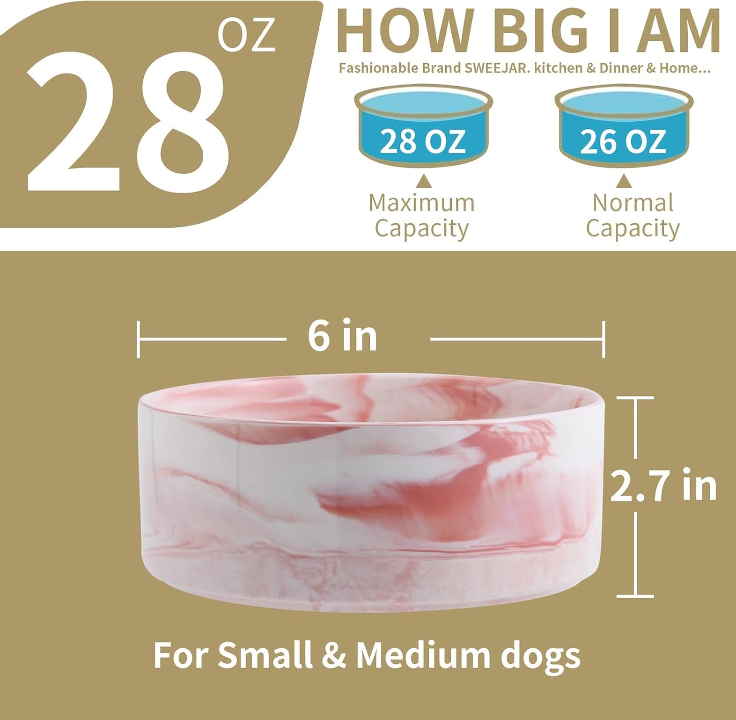 Elevated Dog Bowl Ceramic for Small Medium Sized Breed,Raised Dog Food Water Bowl with Stand,6 in 3.6 Cups Non Slip Pet Dish Heavy Weighted Marble Pink