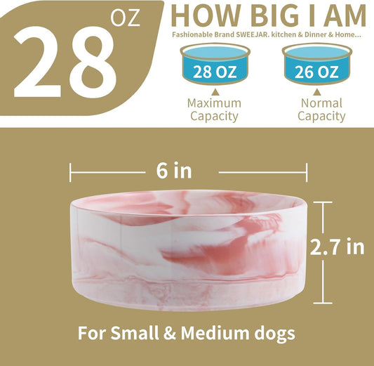 Elevated Dog Bowl Ceramic for Small Medium Sized Breed,Raised Dog Food Water Bowl with Stand,6 in 3.6 Cups Non Slip Pet Dish Heavy Weighted Marble Pink