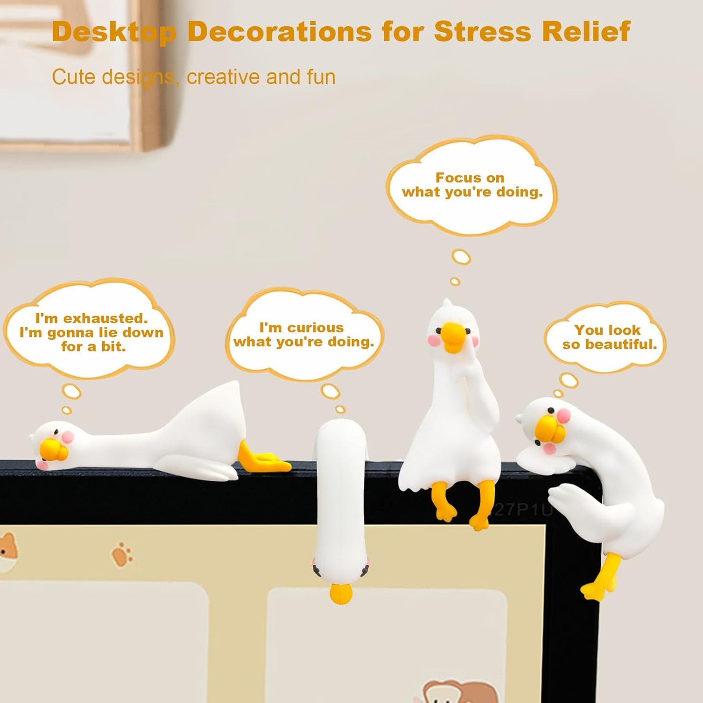4 PCS Resin Goose Figurine Computer Monitor Decor,Cute Mini Goose Statues for Car Dashboard,Funny Desk/TV/Photo Frame Decorations (White Goose)