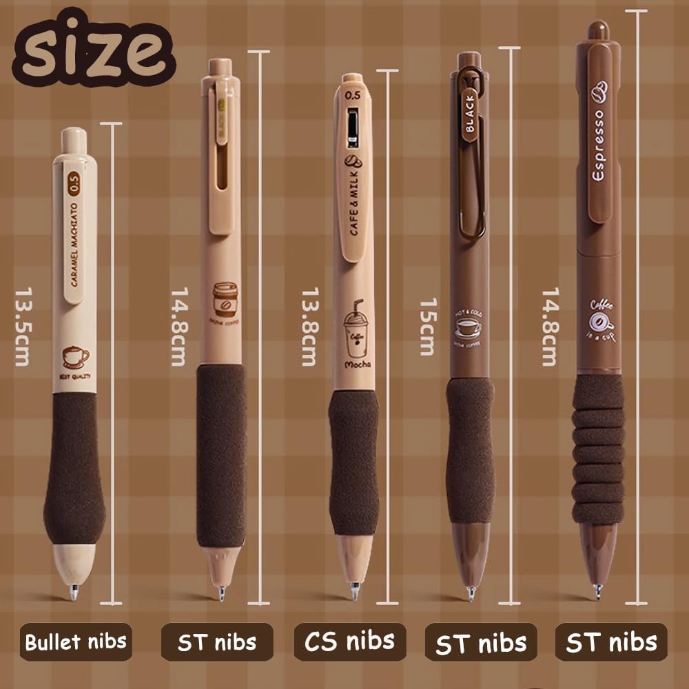 Cute Gel Pens 5Pcs Retractable Quick Dry Ink Pens 0.5mm Fine Point Black Ink Kawaii Smooth Writing Pens for School Office Supplies Aesthetic pretty pens (Coffee)