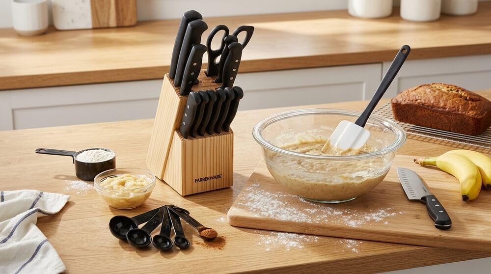 Farberware 22-Piece Never Needs Sharpening Triple Rivet High-Carbon Stainless Steel Knife Block and Kitchen Tool Set, Black, Durable AND Precision Cutlery