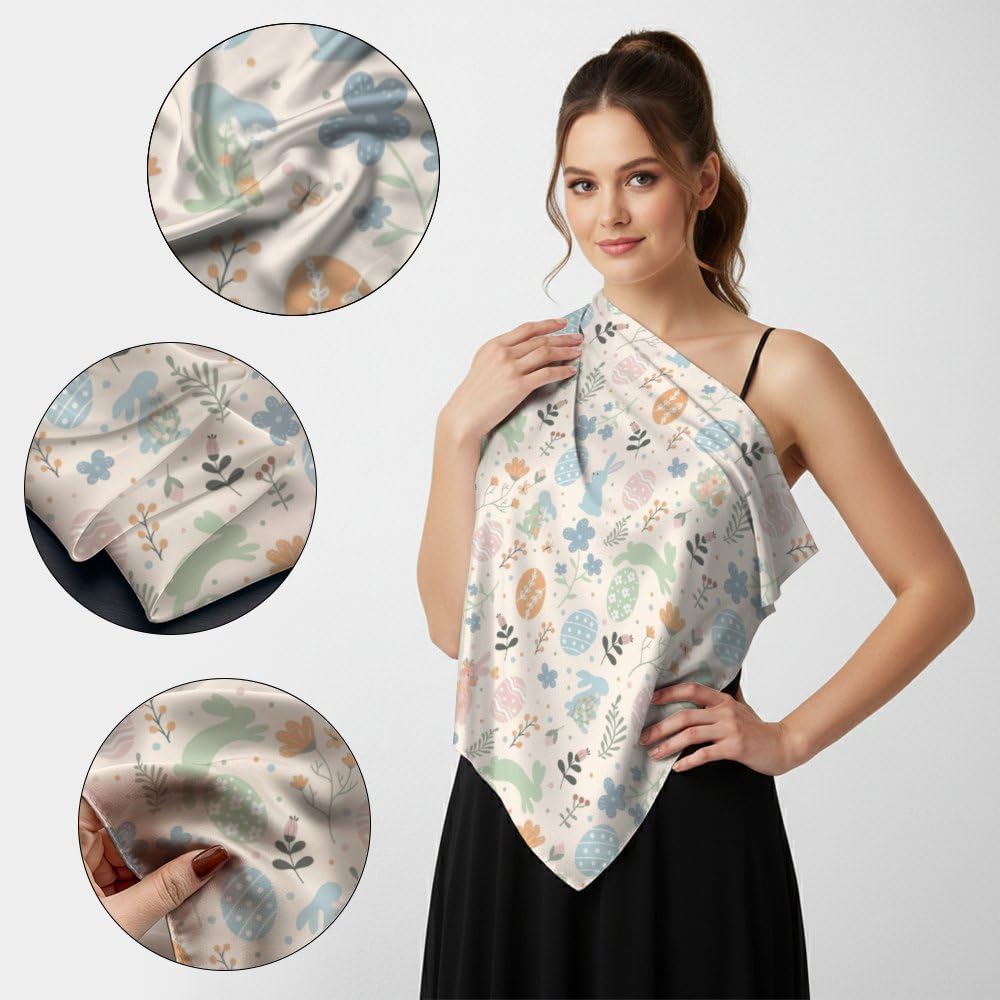 Silk Like Stain Hair Scarf for Women Easter Eggs Bunny Western Square Neck Scarfs for Bag Hair Handbag Scarves 35"