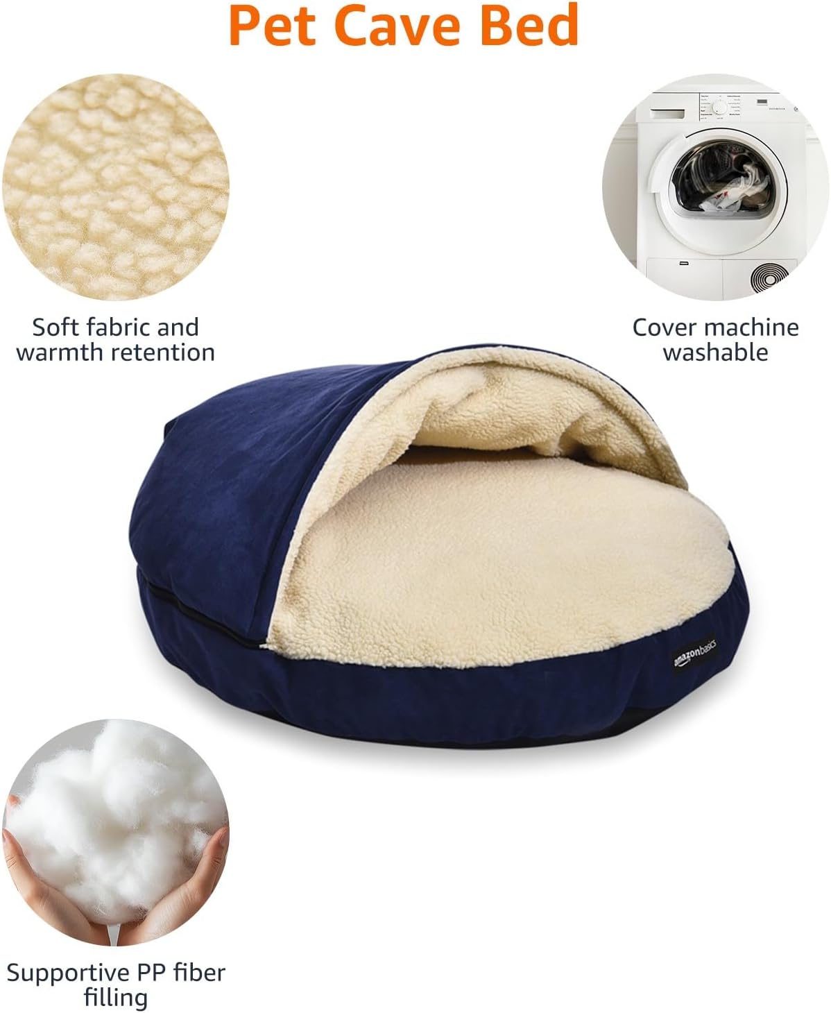 AmazonBasics 개와 고양이를 위한 반려동물 동굴 침대, 탈착식 둥지 동굴 커버, 최대 13.6kg(30파운드) 애완동물에 적합, 88.9 x 88.9 x 33cm(35 x 35 x 13인치), 블루
