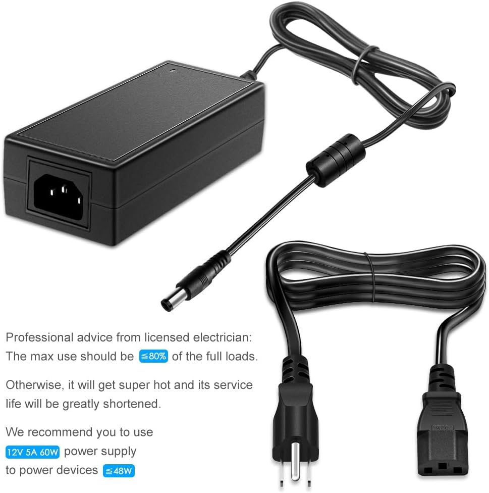 SHNITPWR 12V 5A 60W Power Supply Adapter AC DC Converter 100V~240V to 12 Volt 5 Amp Transformer 5.5x2.5mm Plug for 5050 3528 LED Strip Light 3D Printer LED Driver CCTV Security System LCD Monitor
