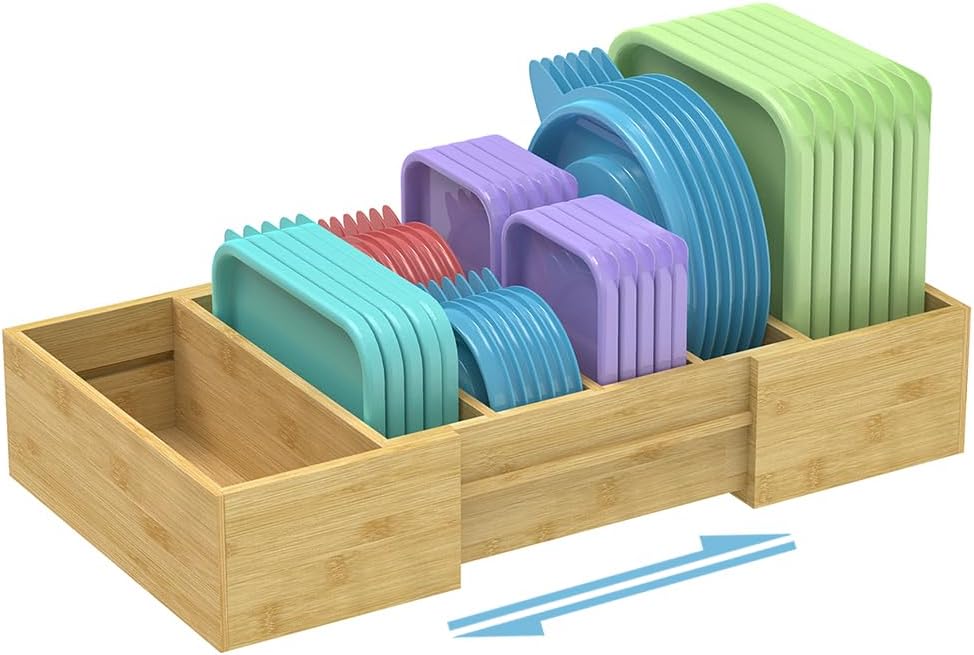 Retro Shaw Large Expandable Kitchen Lids Organizer for Cabinet, Covers, Pantry, Drawer & Countertop Storage, with 3 Adjustable Dividers, Hand-made Bamboo Food Container