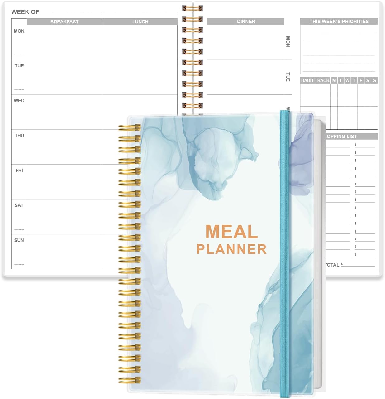Weekly Meal Planner Notebook,A5 Weekly & Daily Meal Prep Journal with Shopping and Grocery Lists for Menu Planning, Lasts 1 Year, Blue Watercolor