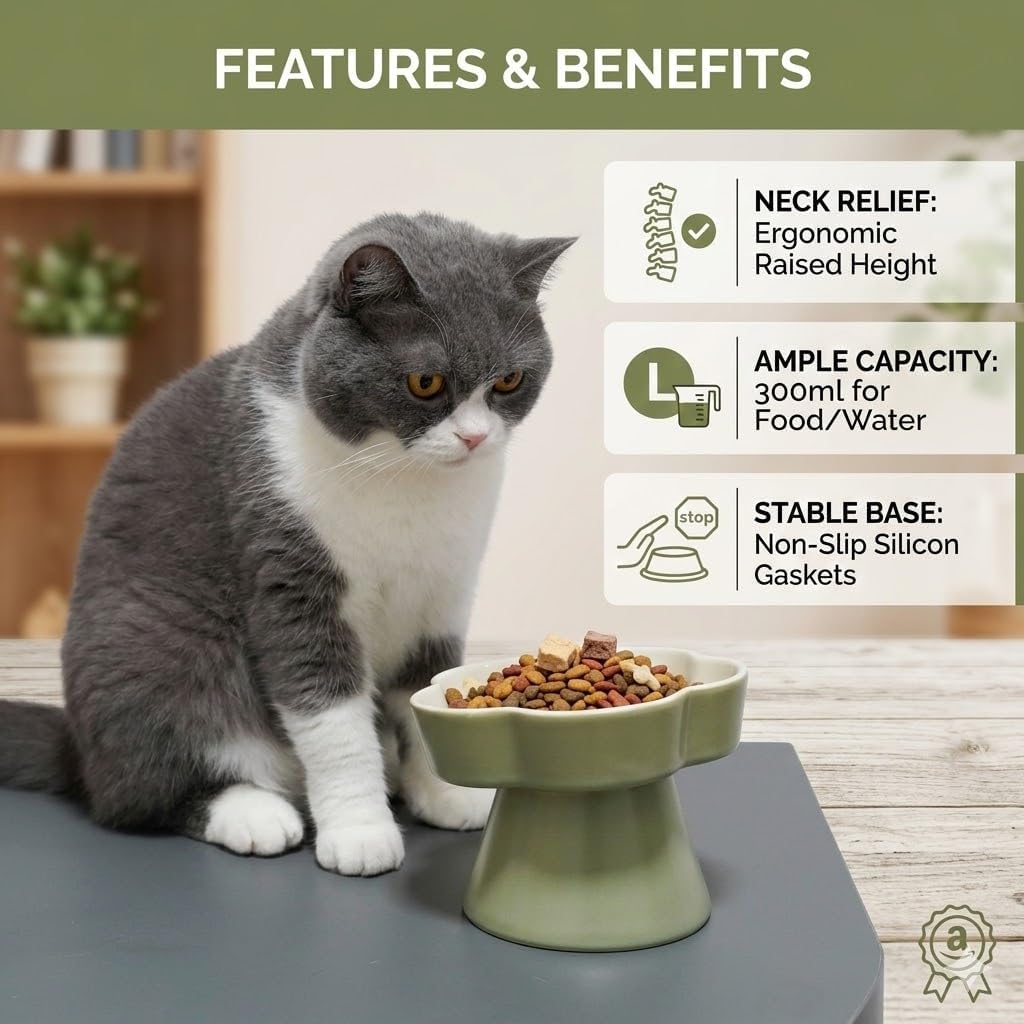 Ceramic Elevated Slow Feeder Cat Bowl, Raised and Gently Tilted Feeding Dish with Maze Design, Whisker-Friendly, Easy to Clean, for Indoor Cats and Small Dogs (Green/Ivory)